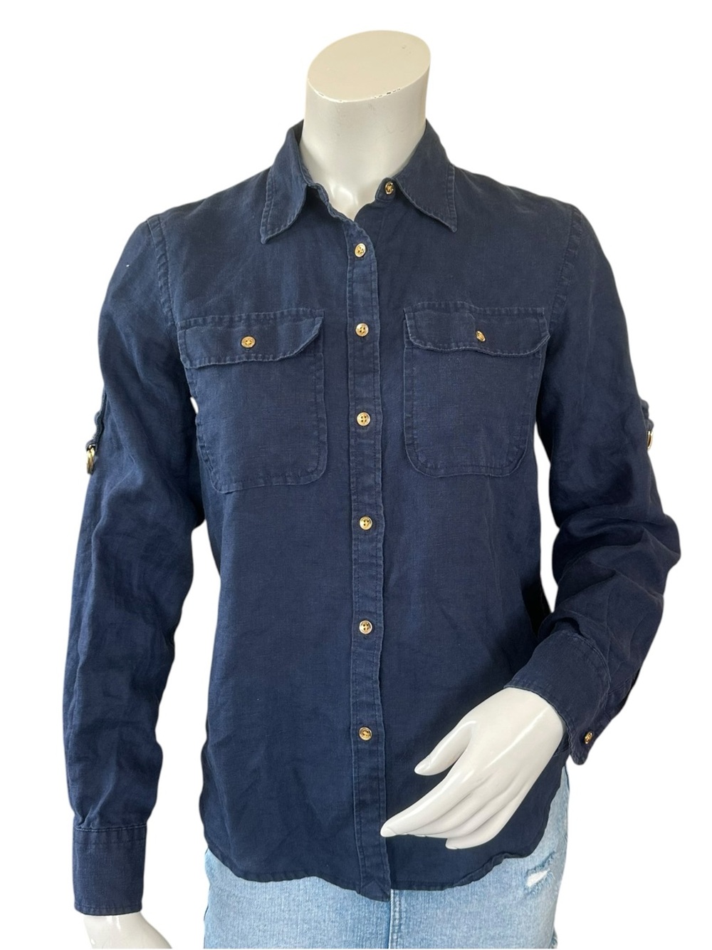 Lauren Ralph Lauren Navy Blue 100% Linen Button Down Blouse Size XS